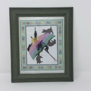 Vintage Handmade Cross Stitch Raining Cats and Dogs Framed 1995 12.5”x11” Green